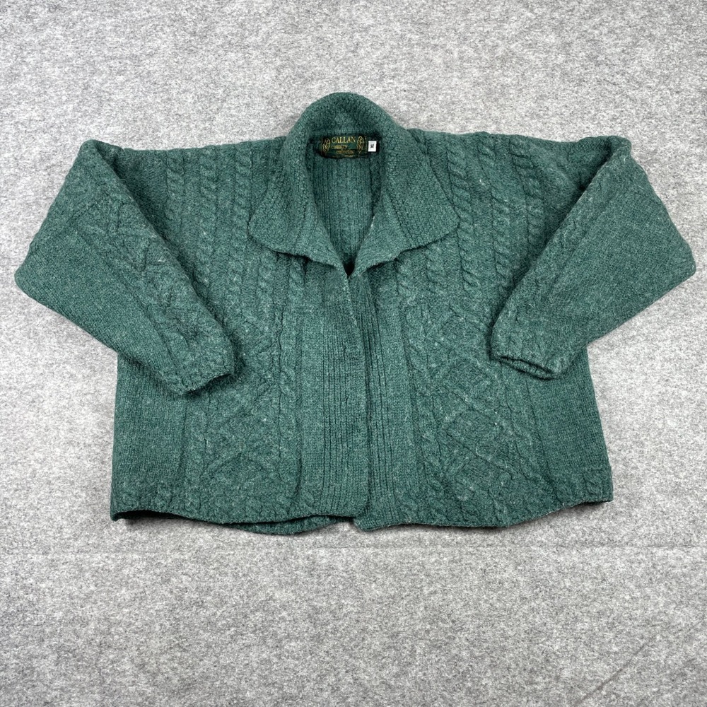 VTG Callan Country Cardigan Womens S Green Merino Wool Cable Ireland *Shrunken*